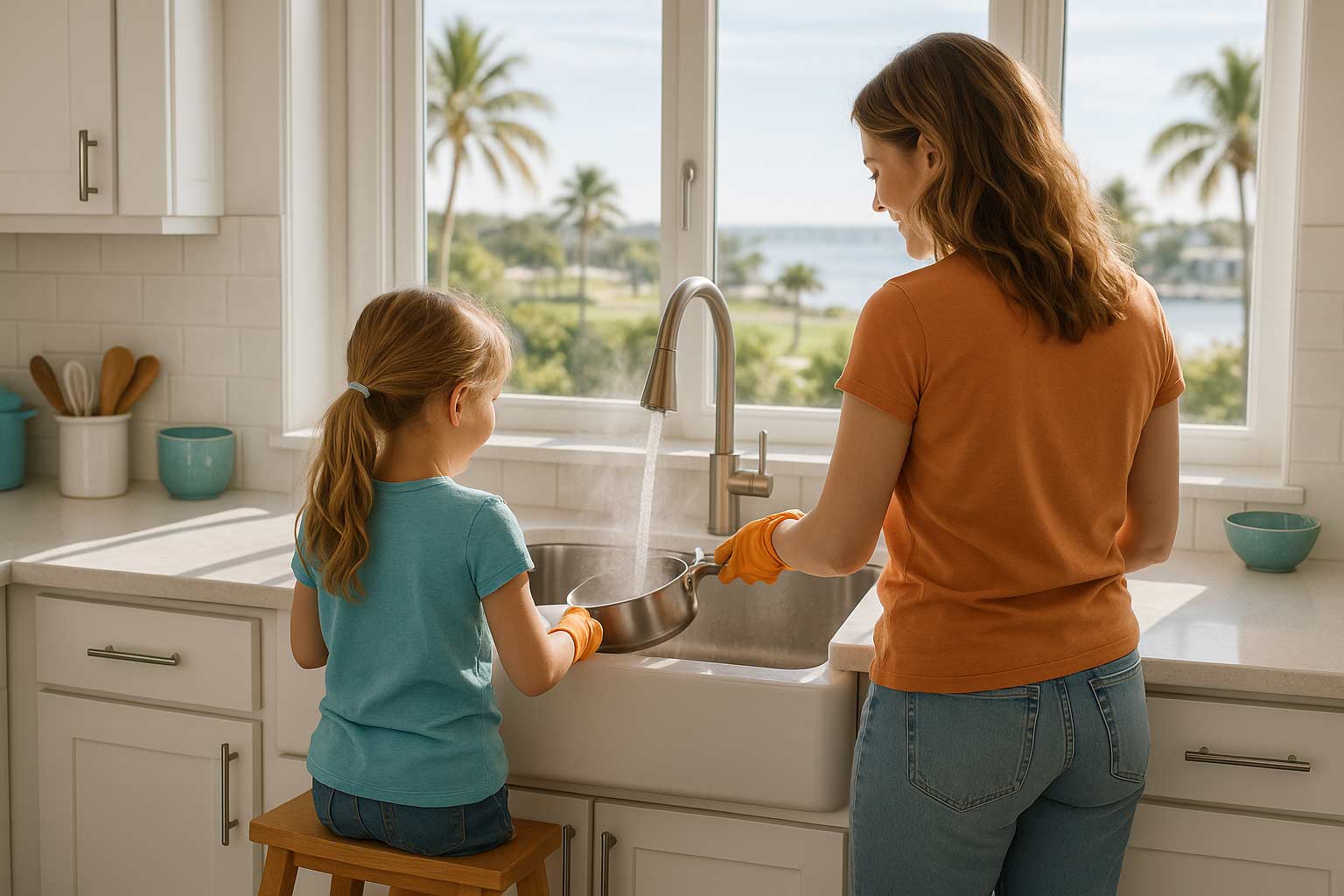 mother and daughter watching dishes together