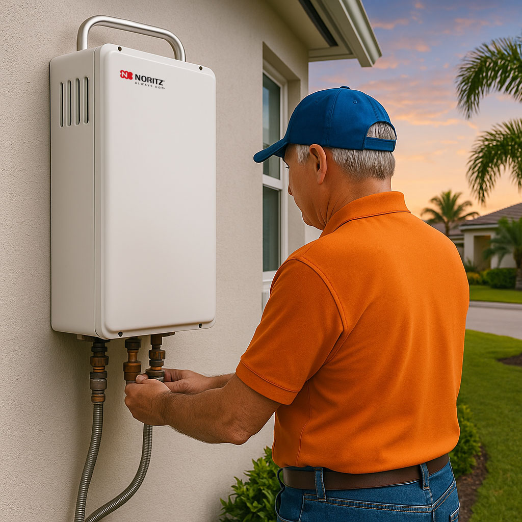 A man working on a outdoor hot water tank